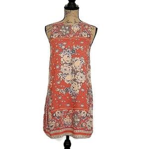 Ecote Womens sz M Dress Orange Floral Sleeveless Short Aline Cutout Crew Neck
